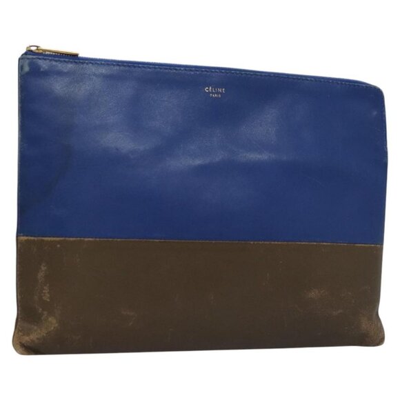 CELINE Pouch Leather Blue Gold Auth ti2920 - Picture 1 of 16